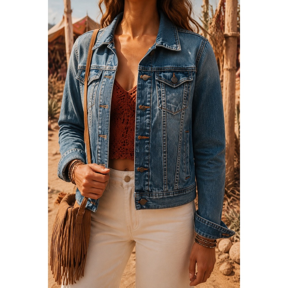 Talbots Womens Medium Wash Stretch Denim Trucker Jacket Blue Size 4 Fall Casual